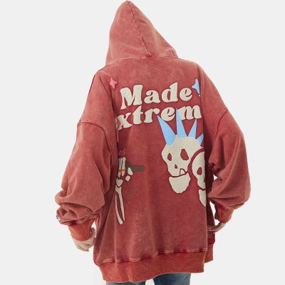 Skull Letter Embroidery Vintage Casual Hoodie