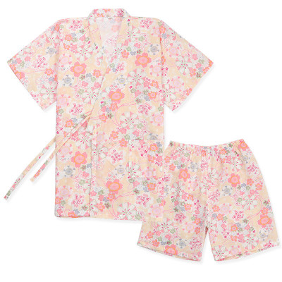 Floral Print Kimono Lace Up Pajamas Set