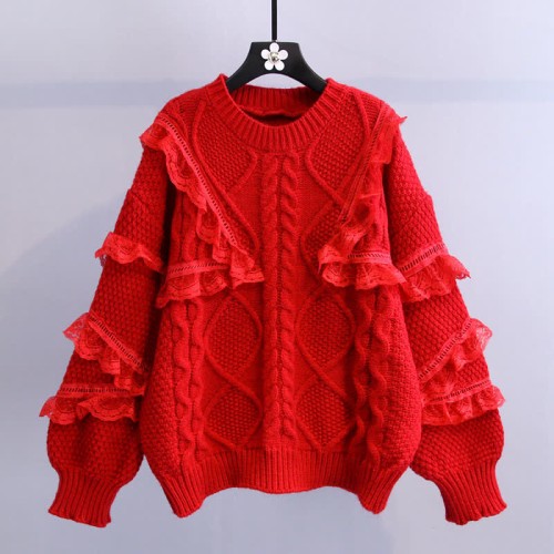 Chic Irregular Pattern Lace Decor Round Collar Sweater