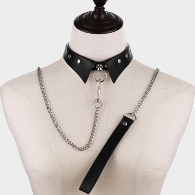 Punk Collar Design Leather Chocker With Hauling Chain