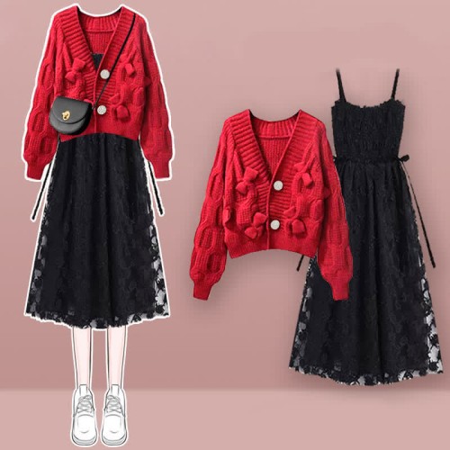 Bow Decor Cardigan Sweater Lace Slip Dress Two Pieces Set