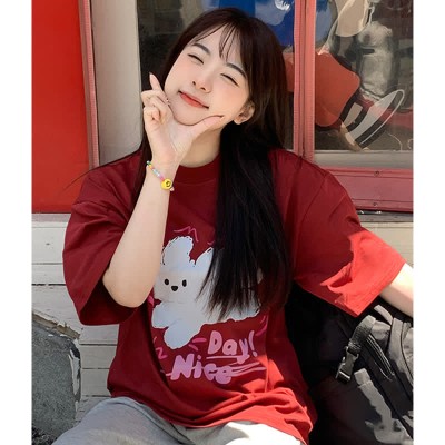 Cartoon Puppy Letter Print Round Collar Oversized T-Shirt