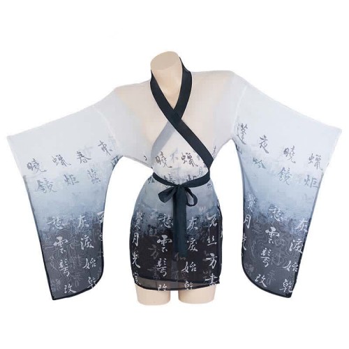 Ink Painting Print See Through Kimono Dress Lingerie