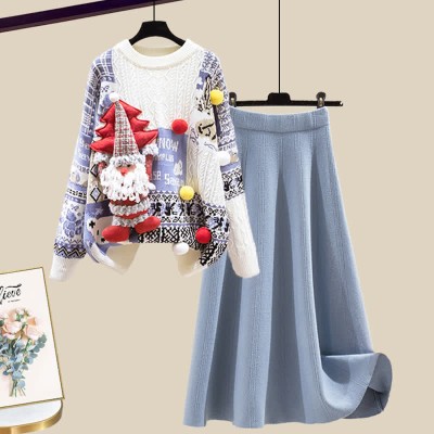 Christmas Colorblock Sweater High Waist Knit Skirt