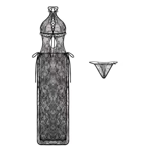 See Through Halter Hollow Lace Cheongsam Dress Lingerie