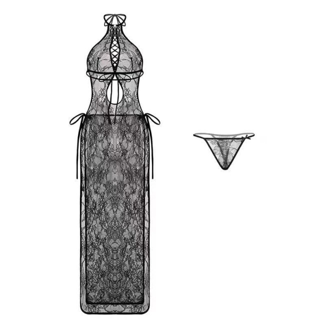 See Through Halter Hollow Lace Cheongsam Dress Lingerie