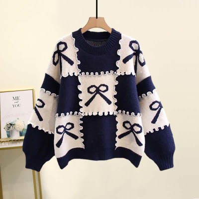 Bow Knot Print Colorblock Sweater Plaid Pleated Skirt Two Pieces Set