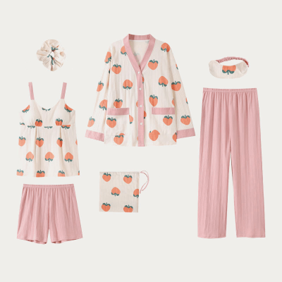 【50% OFF】Cartoon Fruit Print Pajamas Seven Pieces Set With Breast Pads