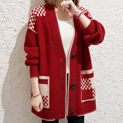 V-neck Plaid Print Colorblock Pocket Knit Sweater Cardigan