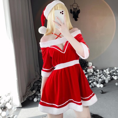 Hollow Out Christmas Lingerie Dress Stockings Set