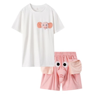 Girlfriend Boyfriend Cartoon Elephant Short Sleeve Pajamas Set