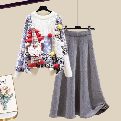 Christmas Colorblock Sweater High Waist Knit Skirt