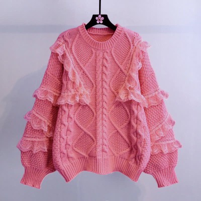 Chic Irregular Pattern Lace Decor Round Collar Sweater