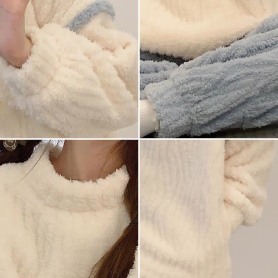 Colorblock Round Collar Plush Pajamas Set