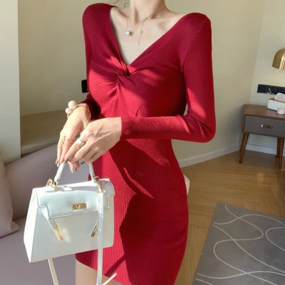 Pure Color V-neck Slim Knit Sweater Dress