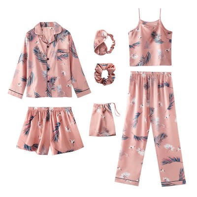 Crane Print Silk Pajamas Seven Pieces Set