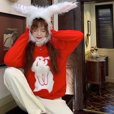 Cartoon Bunny Print Round Collar Red Knit Sweater
