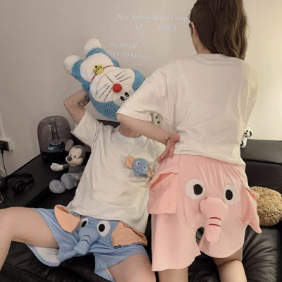 Girlfriend Boyfriend Cartoon Elephant Short Sleeve Pajamas Set