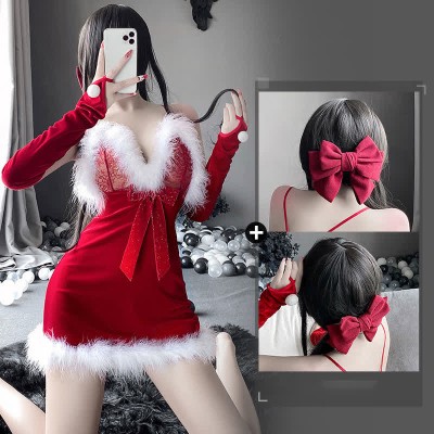 Bow Knot Lace Plush Christmas Slip Dress Lingerie