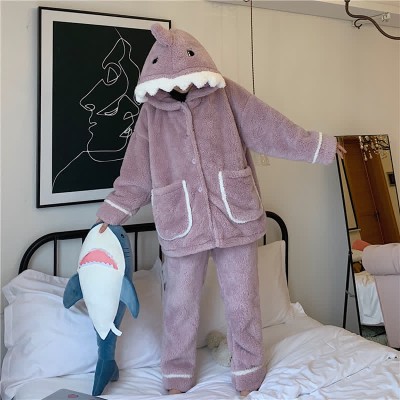 Lovely Cartoon Shark Plush Hooded Pajamas Set