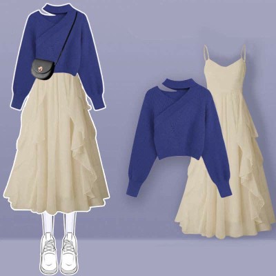 Oblique Pure Color Sweater Flouncing Slip Dress