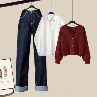 V-neck Cardigan Sweater Lapel Shirt Denim Pants Three Pieces Set