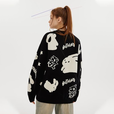 Cartoon Rabbit Letter Print Round Collar Loose Sweater