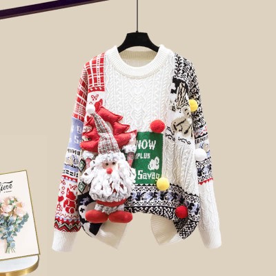 Christmas Colorblock Sweater High Waist Knit Skirt