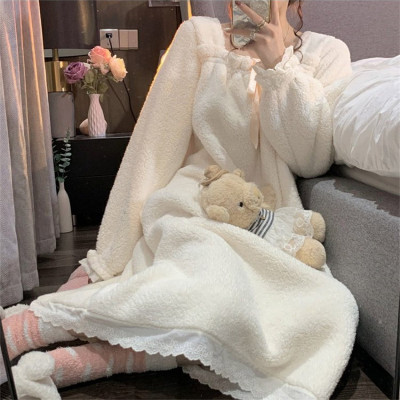 Square Collar Plush Lace Hem Dress Pajamas Set