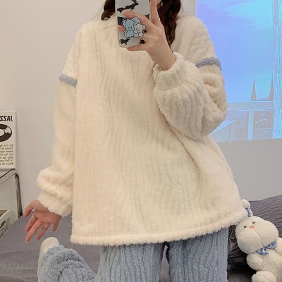 Colorblock Round Collar Plush Pajamas Set