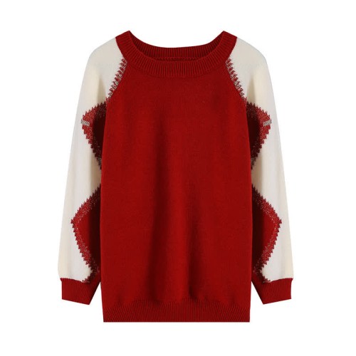 Chic Colorblock Round Collar Knit Loose Sweater