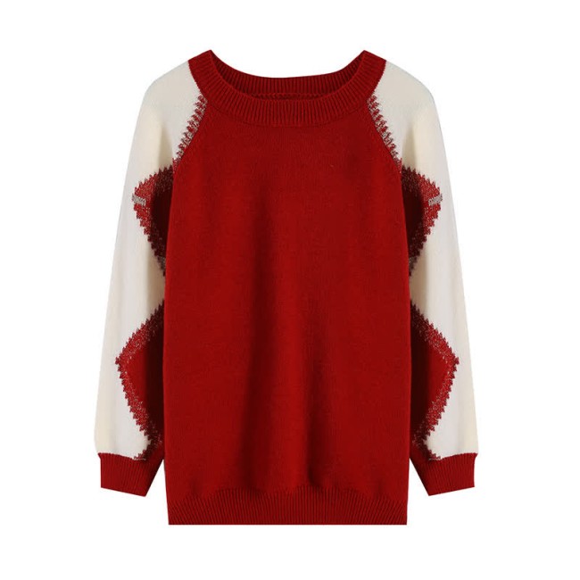 Chic Colorblock Round Collar Knit Loose Sweater
