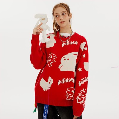 Cartoon Rabbit Letter Print Round Collar Loose Sweater