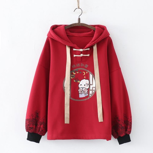 Cartoon Rabbit Embroidery Vintage Buckle Plush Hoodie