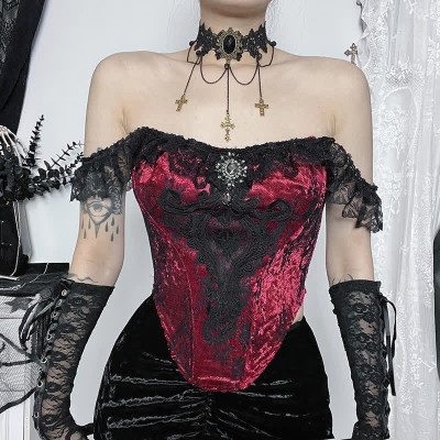Gothic Lace Corset Top Stitching Ruffled Fishtail Skirt
