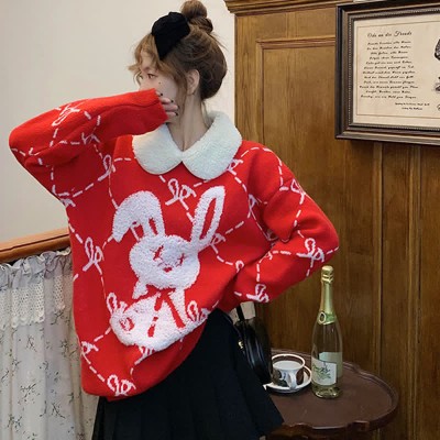 Cute Bunny Letter Print Round Collar Red Knit Sweater