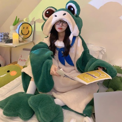 【50% OFF】Funny Cartoon Frog Plush Hooded Jumpsuit Pajamas Dress