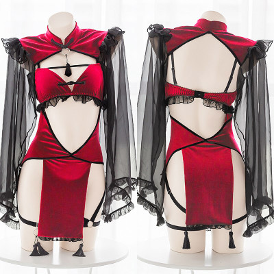 Sexy Tassel Hollow Out Lingerie Silk Sleeve Cheongsam Dress Set