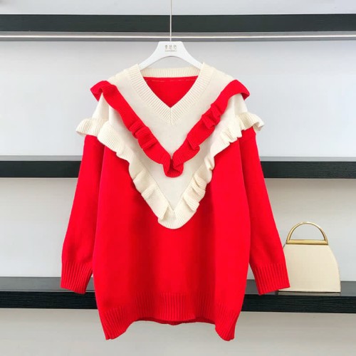 Sweet V-neck Ruffled Colorblock Knit Sweater