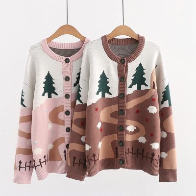 Tree Sheep Pattern Cardigan Sweater
