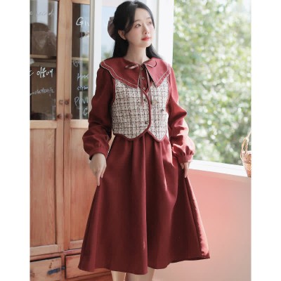 Chic Plaid Print Vest Long Sleeve Doll Collar Dress Two Pieces Set