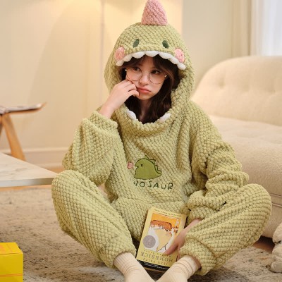 【50% OFF】Cartoon Dinosaur Plush Loose Hooded Pajamas Set