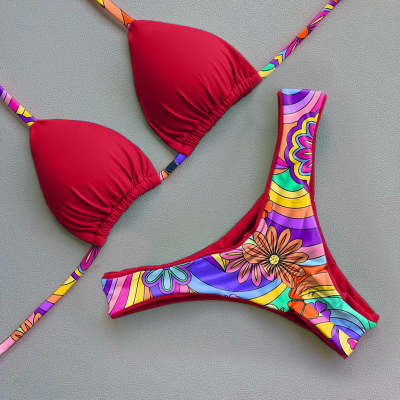 Trendy color contrast print bikini set
