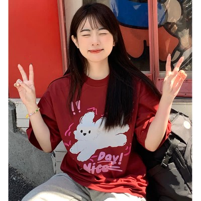 Cartoon Puppy Letter Print Round Collar Oversized T-Shirt