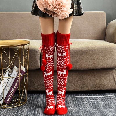 Christmas Reindeer Print Fuzzy Ball Stockings Over the Knee