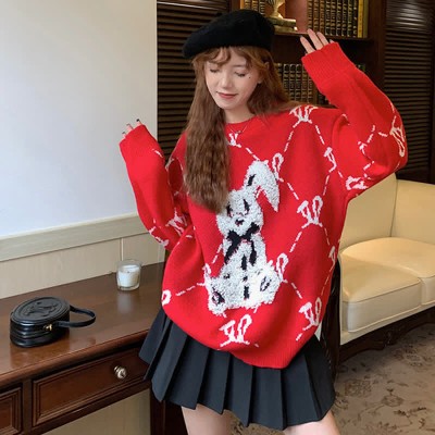Cute Bunny Letter Print Round Collar Red Knit Sweater