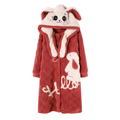 Cute Cartoon Bunny Embroidery Hooded Plush Pajamas