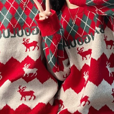 Boyfriend Girlfriend Christmas Rhombus Print Knit Sweater