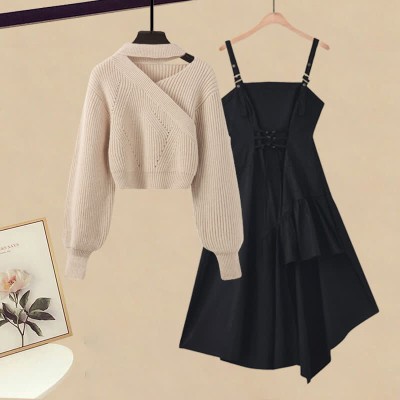 Oblique Pure Color Sweater Lace Up Irregular Slip Dress