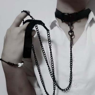 Dark Leather Collar With Chain Fashion Chocker